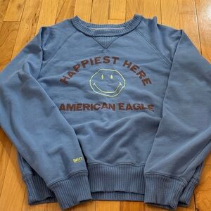 American Eagle Blue 'Happiest Here' Smiley Sweatshirt